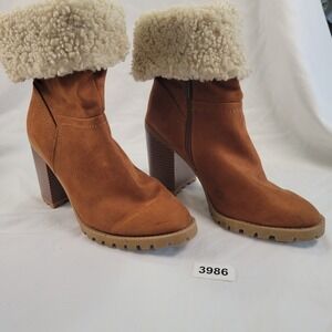 Scoop Womens Tan Faux Fur Fold Over Trimmed Chunky Heel Ankle Boots Size 9 Cozy